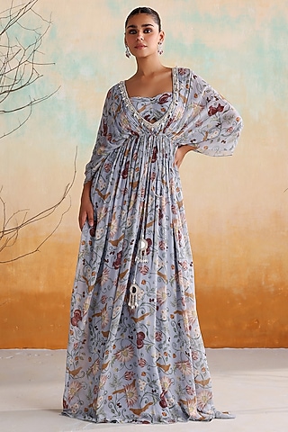 Powder Blue Georgette Printed & Embellished Kaftan by Seema Thukral