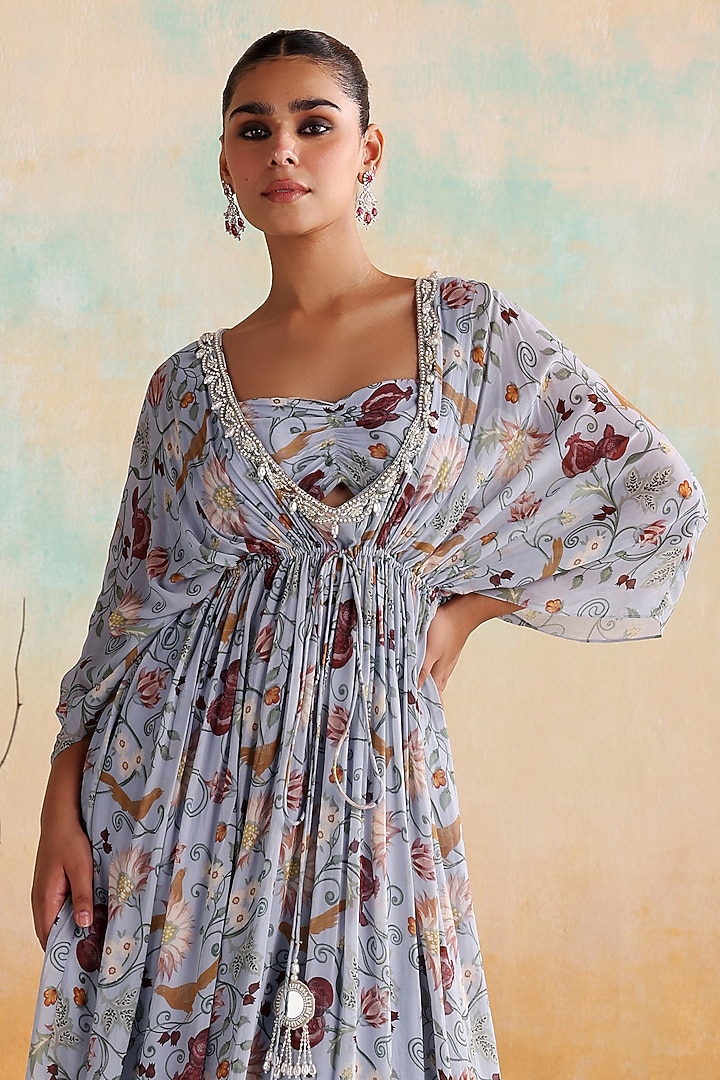 Powder Blue Georgette Printed & Embellished Kaftan by Seema Thukral at Pernia's Pop Up Shop