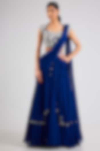 Electric Blue Georgette Draped Wedding Lehenga Set by Seema Thukral at Pernia's Pop Up Shop