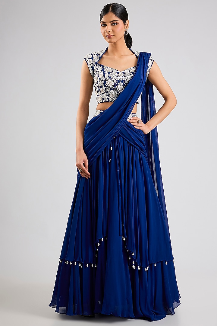 Electric Blue Georgette Draped Wedding Lehenga Set by Seema Thukral at Pernia's Pop Up Shop