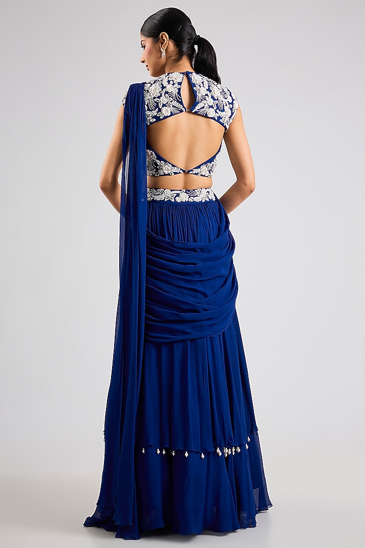 Electric Blue Georgette Draped Wedding Lehenga Set by Seema Thukral at Pernia's Pop Up Shop