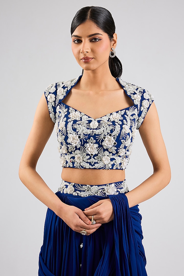 Electric Blue Georgette Draped Wedding Lehenga Set by Seema Thukral at Pernia's Pop Up Shop