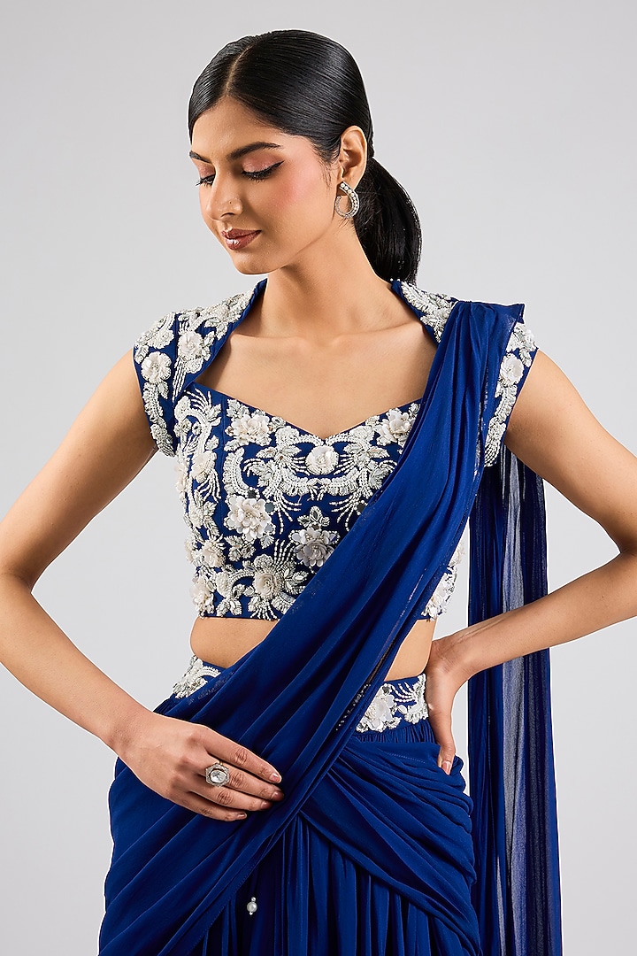 Electric Blue Georgette Draped Wedding Lehenga Set by Seema Thukral at Pernia's Pop Up Shop