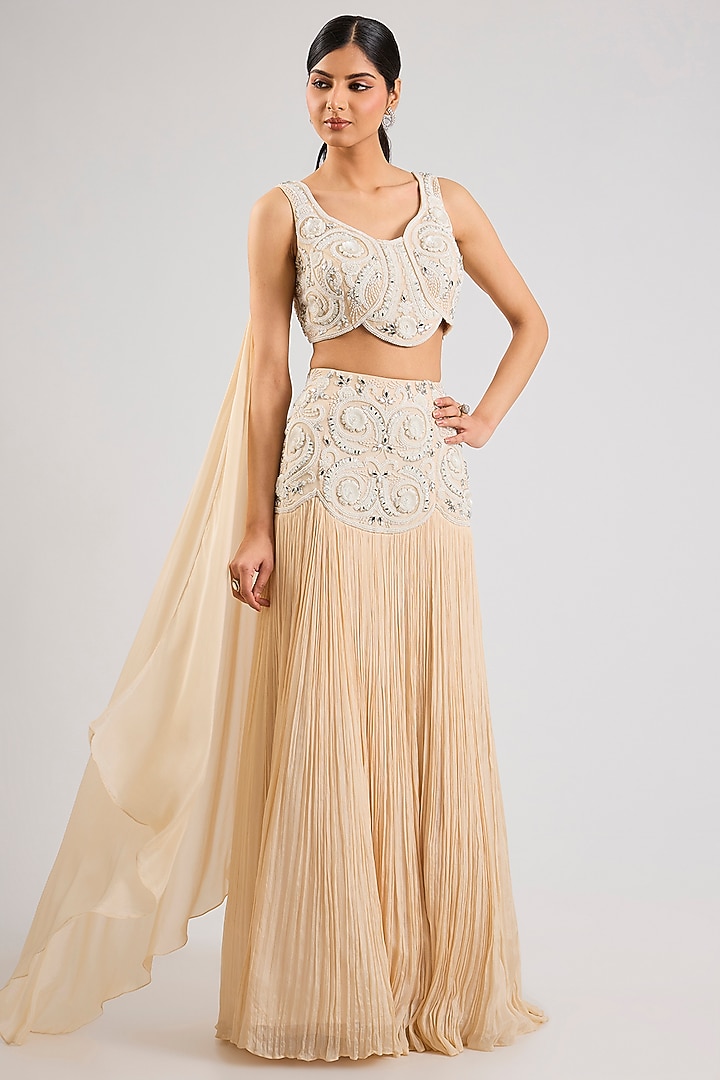 Ivory Chiffon & Georgette Embellished Wedding Lehenga Set by Seema Thukral at Pernia's Pop Up Shop