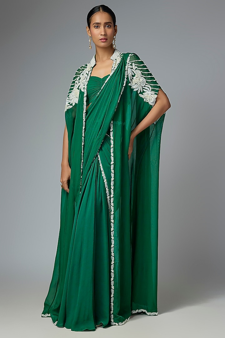 Green Georgette Jacket Draped Wedding Saree Set by Seema Thukral at Pernia's Pop Up Shop