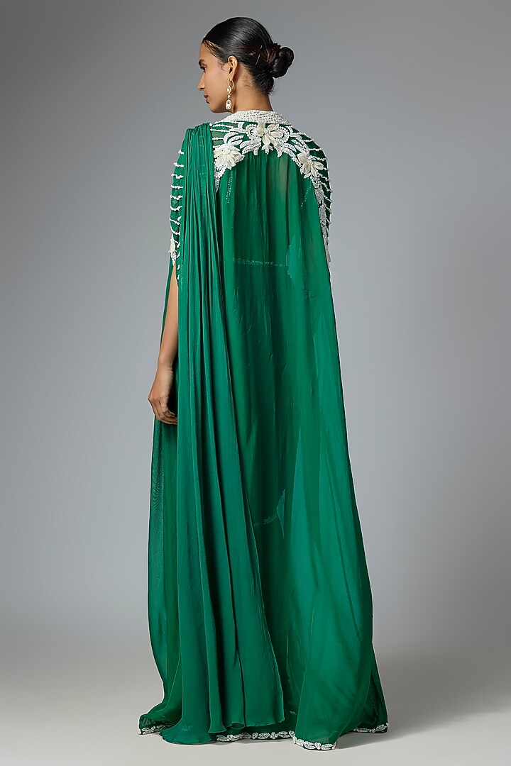 Green Georgette Jacket Draped Wedding Saree Set by Seema Thukral at Pernia's Pop Up Shop
