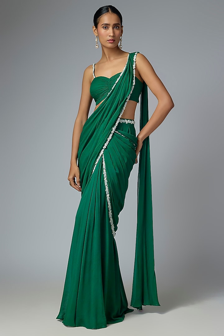 Green Georgette Jacket Draped Wedding Saree Set by Seema Thukral at Pernia's Pop Up Shop