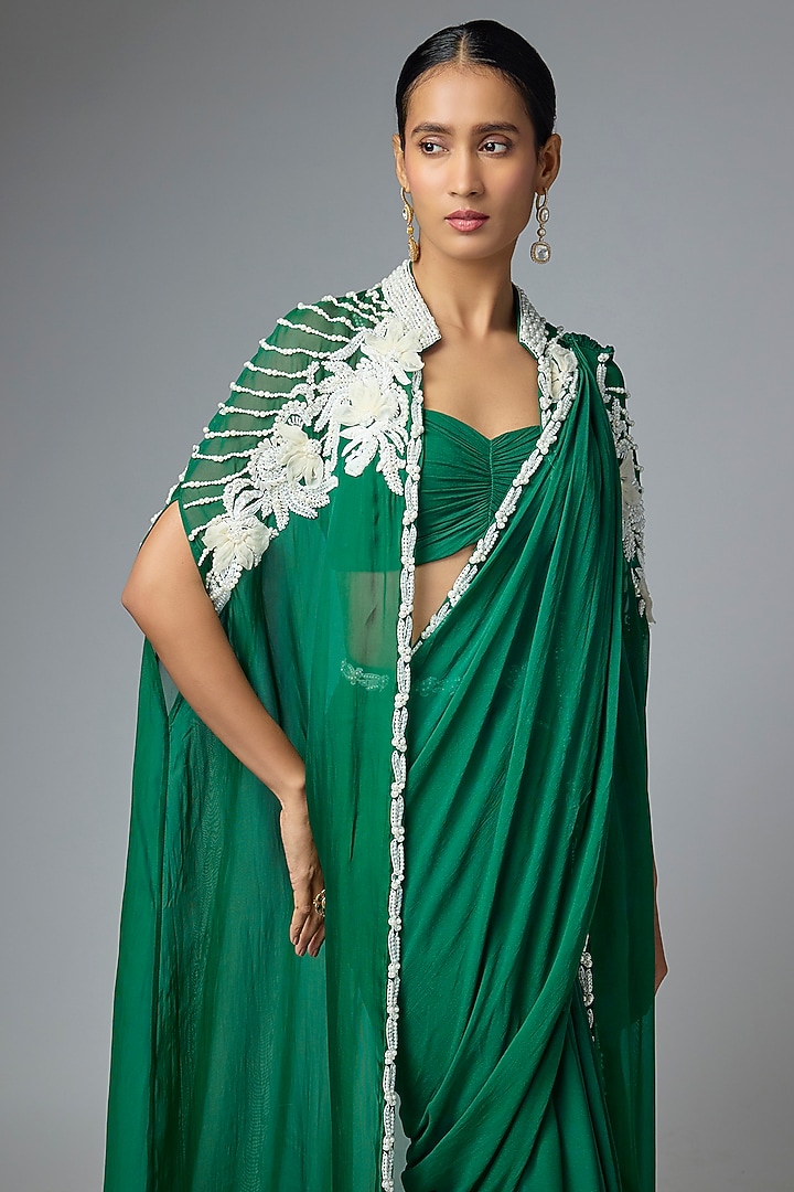 Green Georgette Jacket Draped Wedding Saree Set by Seema Thukral at Pernia's Pop Up Shop