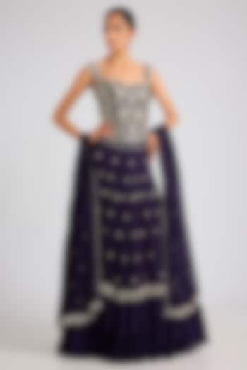 Midnight Blue Georgette Hand & Machine Embellished Wedding Lehenga Set by Seema Thukral at Pernia's Pop Up Shop