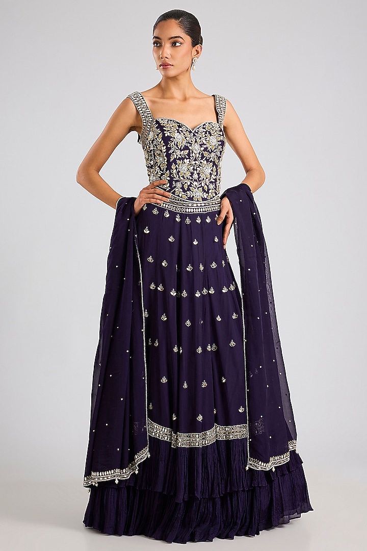 Midnight Blue Georgette Hand & Machine Embellished Wedding Lehenga Set by Seema Thukral at Pernia's Pop Up Shop