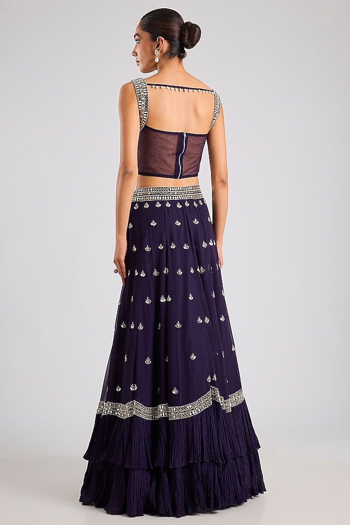 Midnight Blue Georgette Hand & Machine Embellished Wedding Lehenga Set by Seema Thukral at Pernia's Pop Up Shop