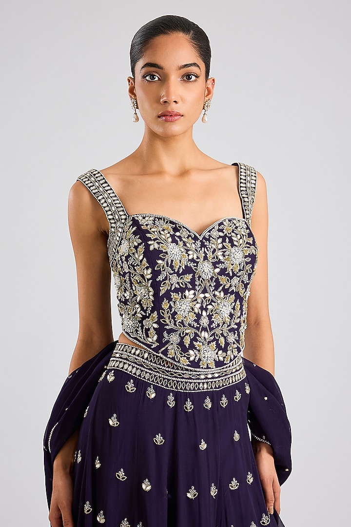 Midnight Blue Georgette Hand & Machine Embellished Wedding Lehenga Set by Seema Thukral at Pernia's Pop Up Shop