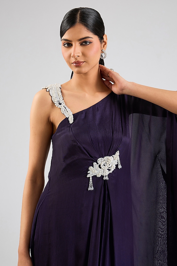 Midnight Blue Chiffon Embellished Kaftan by Seema Thukral at Pernia's Pop Up Shop