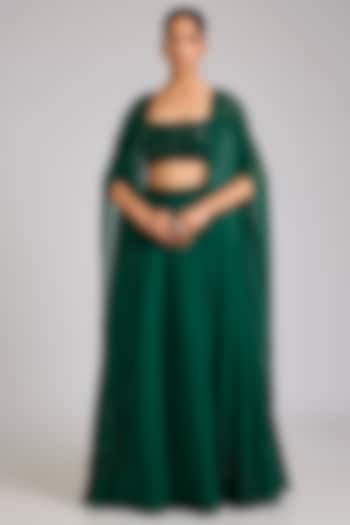 Emerald Green Organza Embellished Cape Set by Seema Thukral at Pernia's Pop Up Shop