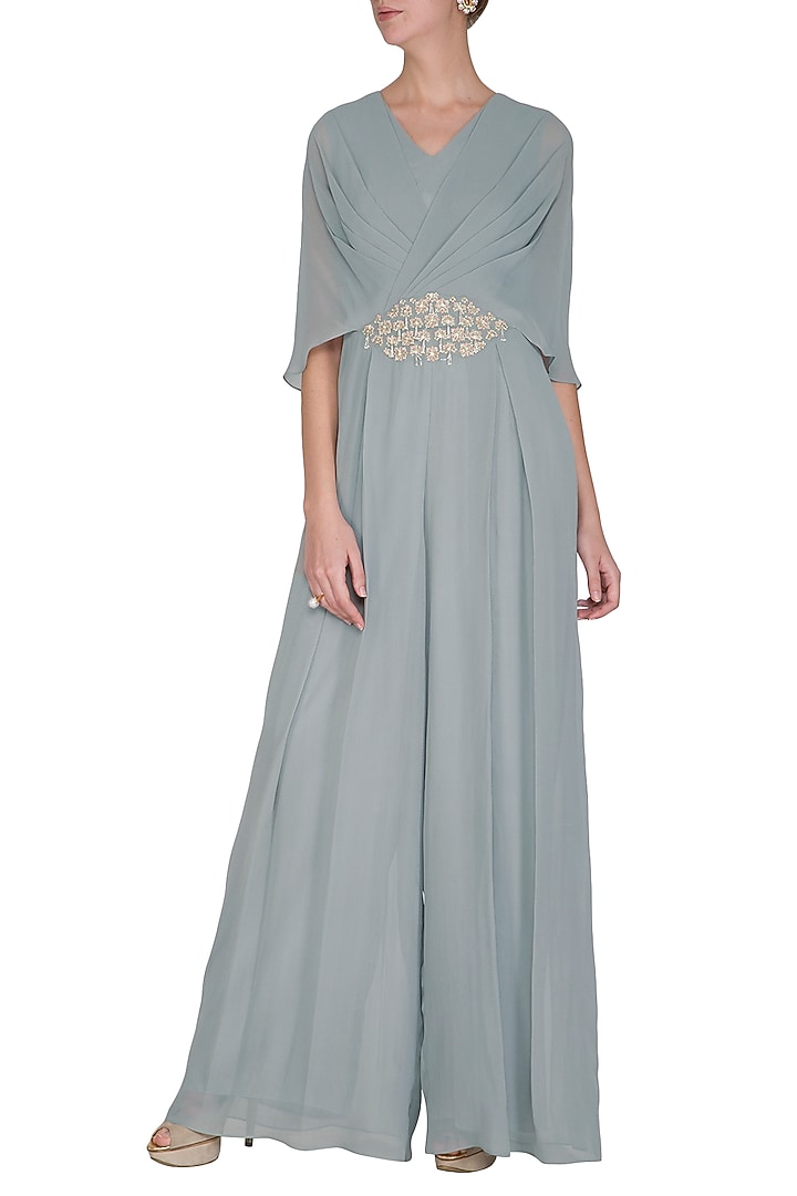 Pebble Green Embroidered Jumpsuit by Seema Thukral at Pernia's Pop Up Shop