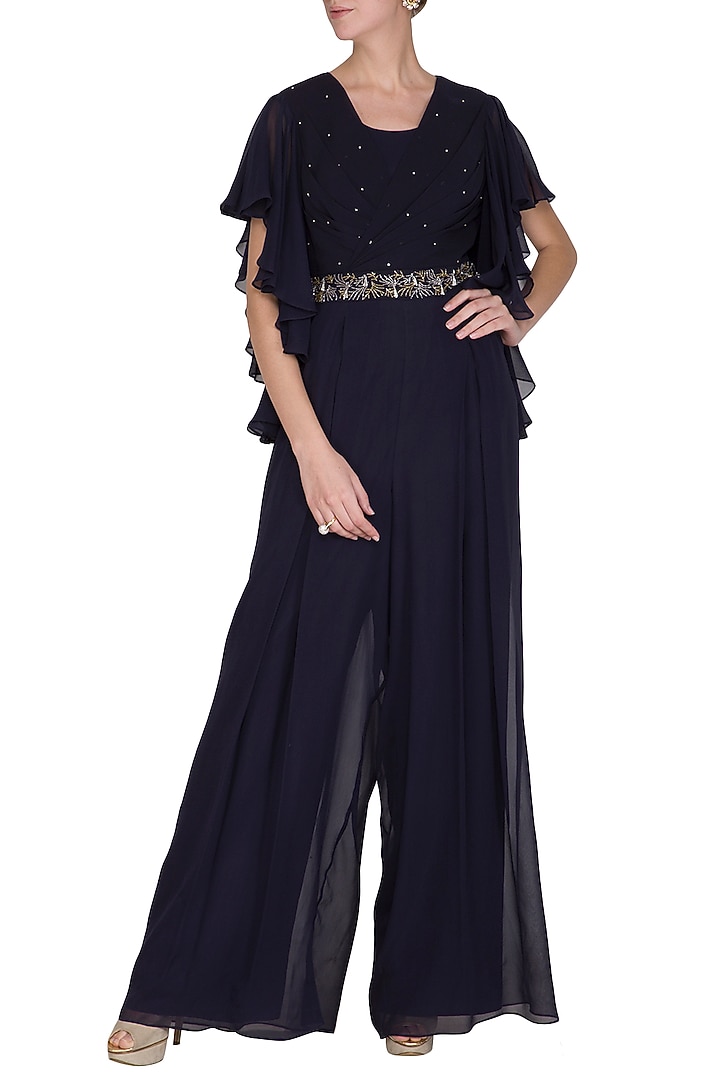 Midnight Blue Embroidered Jumpsuit by Seema Thukral at Pernia's Pop Up Shop