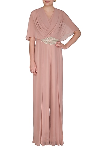 Dusty Pink Embroidered Drape Jumpsuit by Seema Thukral