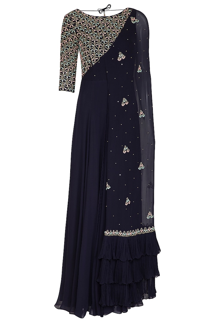 Midnight Blue Embroidered Gown With Attached Dupatta by Seema Thukral