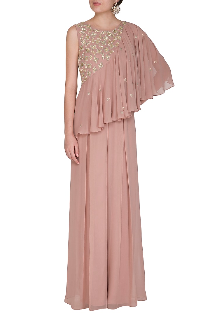 Dusty Pink Embroidered Ruffled Jumpsuit by Seema Thukral at Pernia's Pop Up Shop