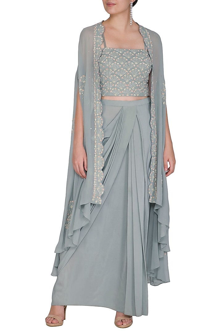 Pebble Green Embroidered Top With Jacket & Skirt by Seema Thukral at Pernia's Pop Up Shop