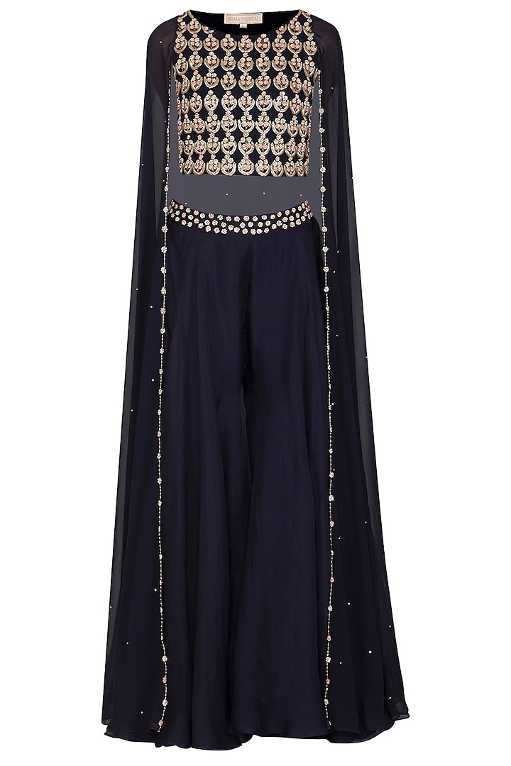 Midnight Blue Embroidered Cape Style Top With Flared Pants by Seema Thukral