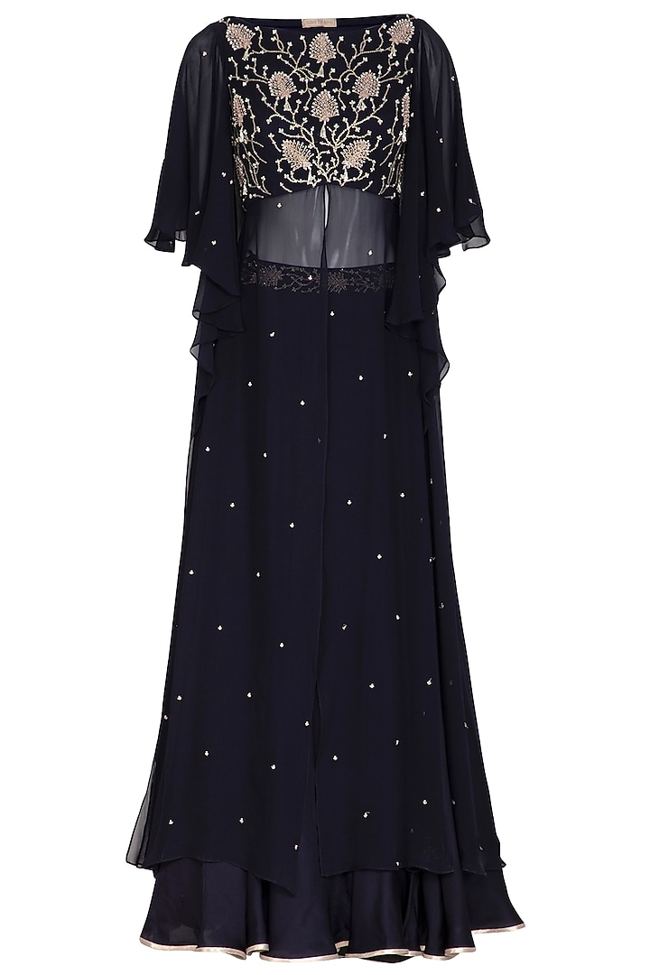 Midnight Blue Embroidered Blouse With Skirt by Seema Thukral