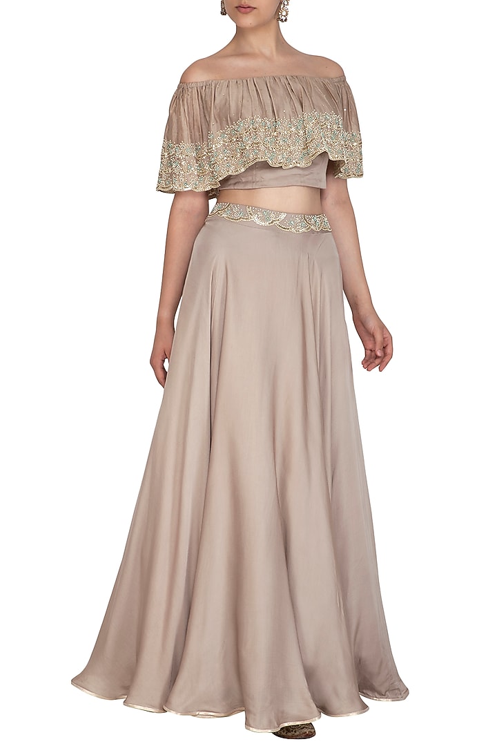 Smokey Grey Embroidered Blouse With Skirt by Seema Thukral at Pernia's Pop Up Shop