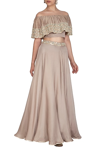 Smokey Grey Embroidered Blouse With Skirt by Seema Thukral