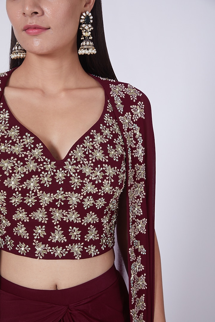 Beetroot Wine Crepe Draped Skirt Set by Seema Thukral at Pernia's Pop Up Shop