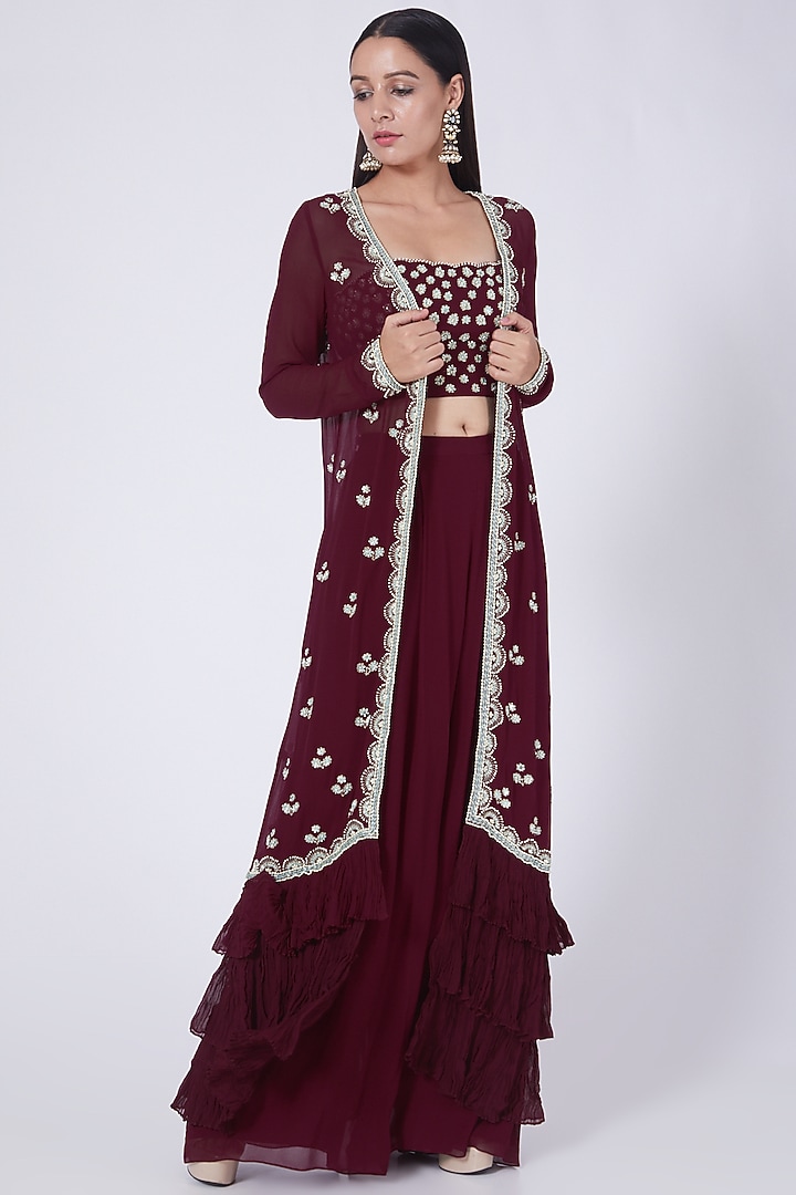 Beetroot Wine Embellished Jacket Set by Seema Thukral at Pernia's Pop Up Shop