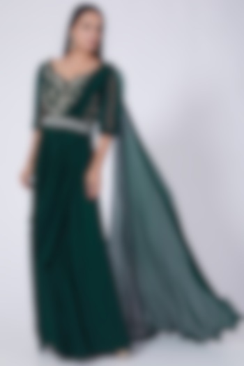 Emerald Green Embellished Draped Saree With Belt by Seema Thukral