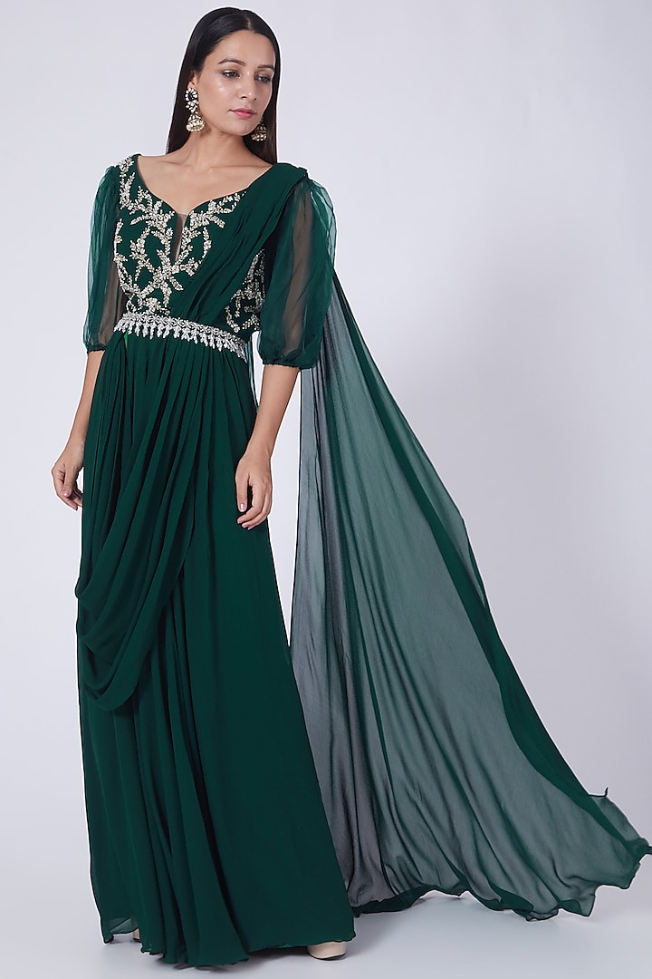 Emerald Green Embellished Draped Saree With Belt by Seema Thukral