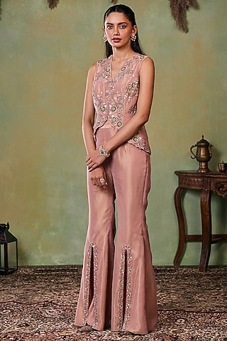 Rose Gold Tissue Embellished Jacket Set by Seema Thukral