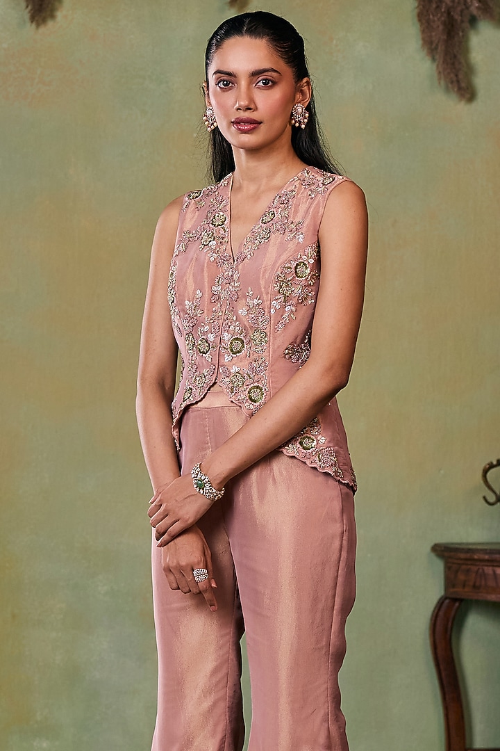 Rose Gold Tissue Embellished Jacket Set by Seema Thukral at Pernia's Pop Up Shop