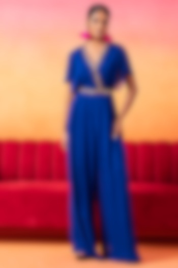 Electric Blue Georgette Pre-Draped Pleated Jumpsuit by Seema Thukral at Pernia's Pop Up Shop