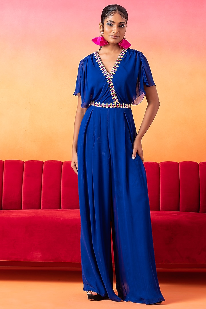 Electric Blue Georgette Pre-Draped Pleated Jumpsuit by Seema Thukral at Pernia's Pop Up Shop