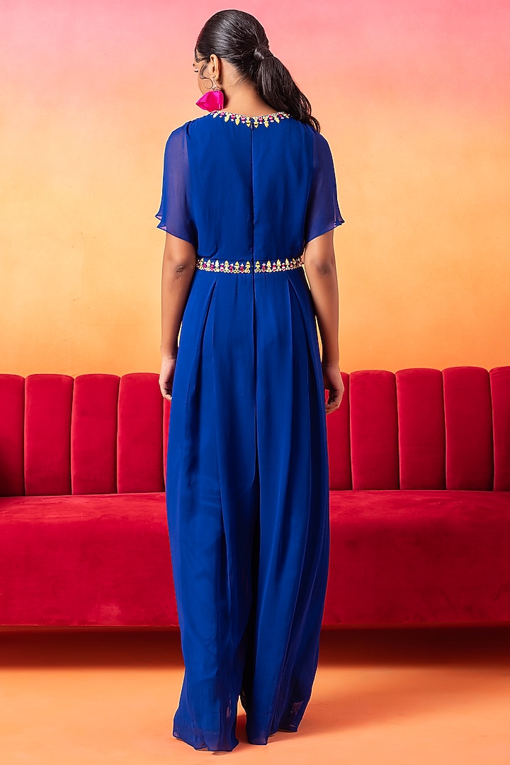 Electric Blue Georgette Pre-Draped Pleated Jumpsuit by Seema Thukral at Pernia's Pop Up Shop