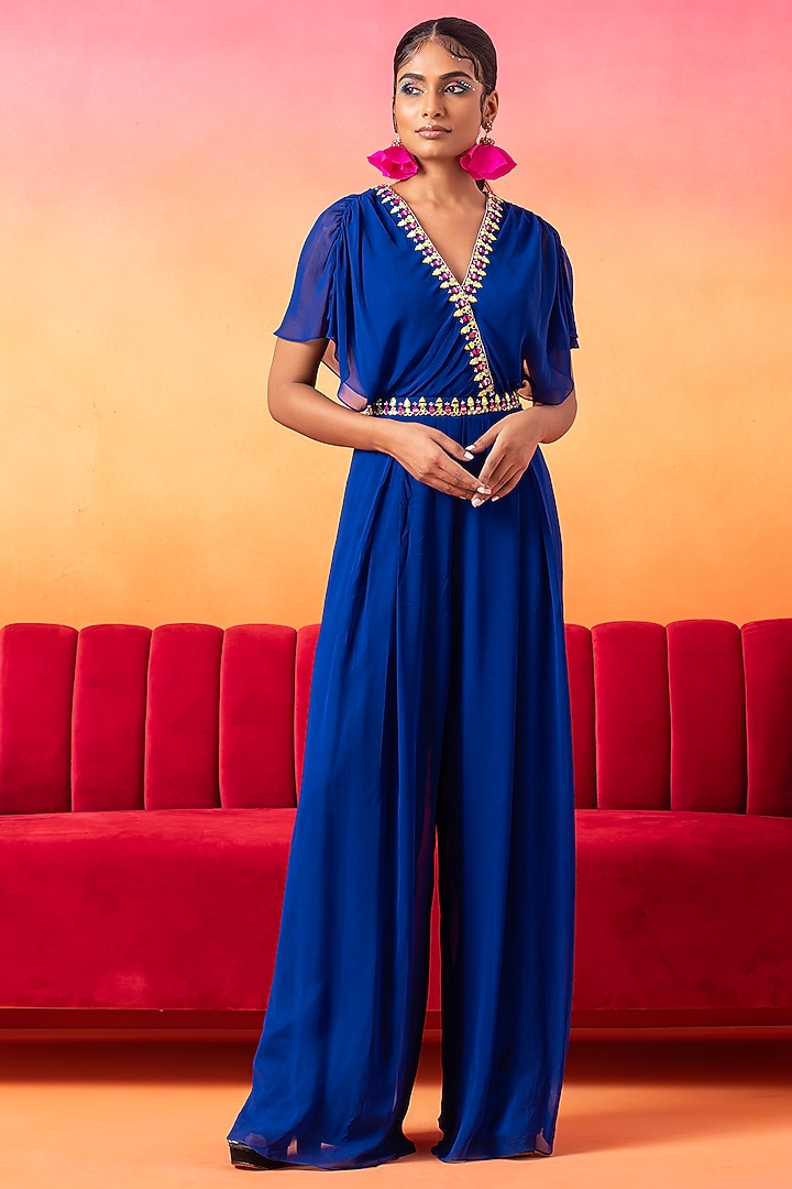 Electric Blue Georgette Pre-Draped Pleated Jumpsuit by Seema Thukral at Pernia's Pop Up Shop