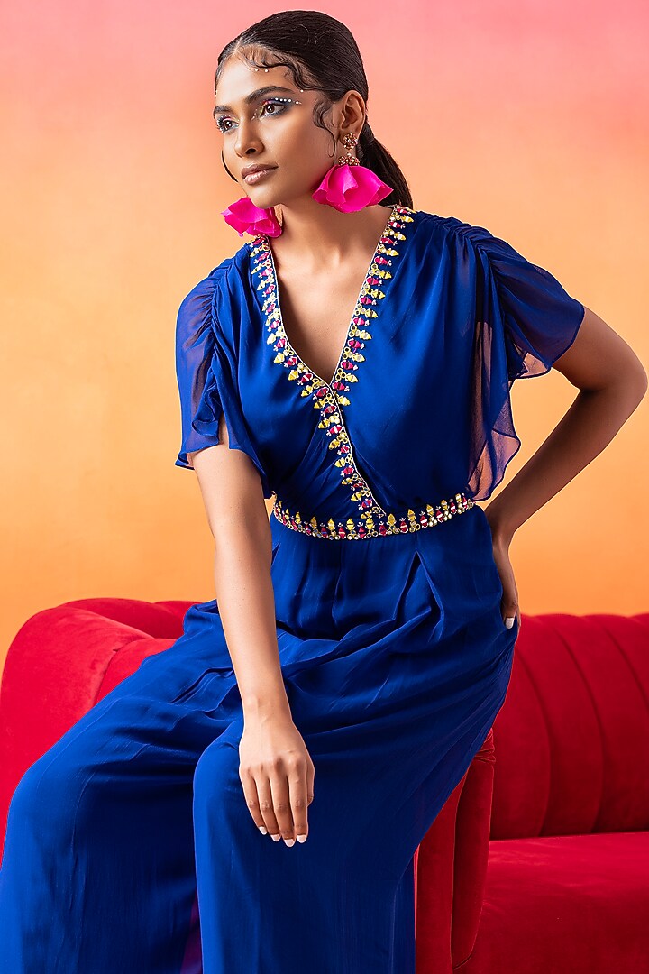 Electric Blue Georgette Pre-Draped Pleated Jumpsuit by Seema Thukral at Pernia's Pop Up Shop