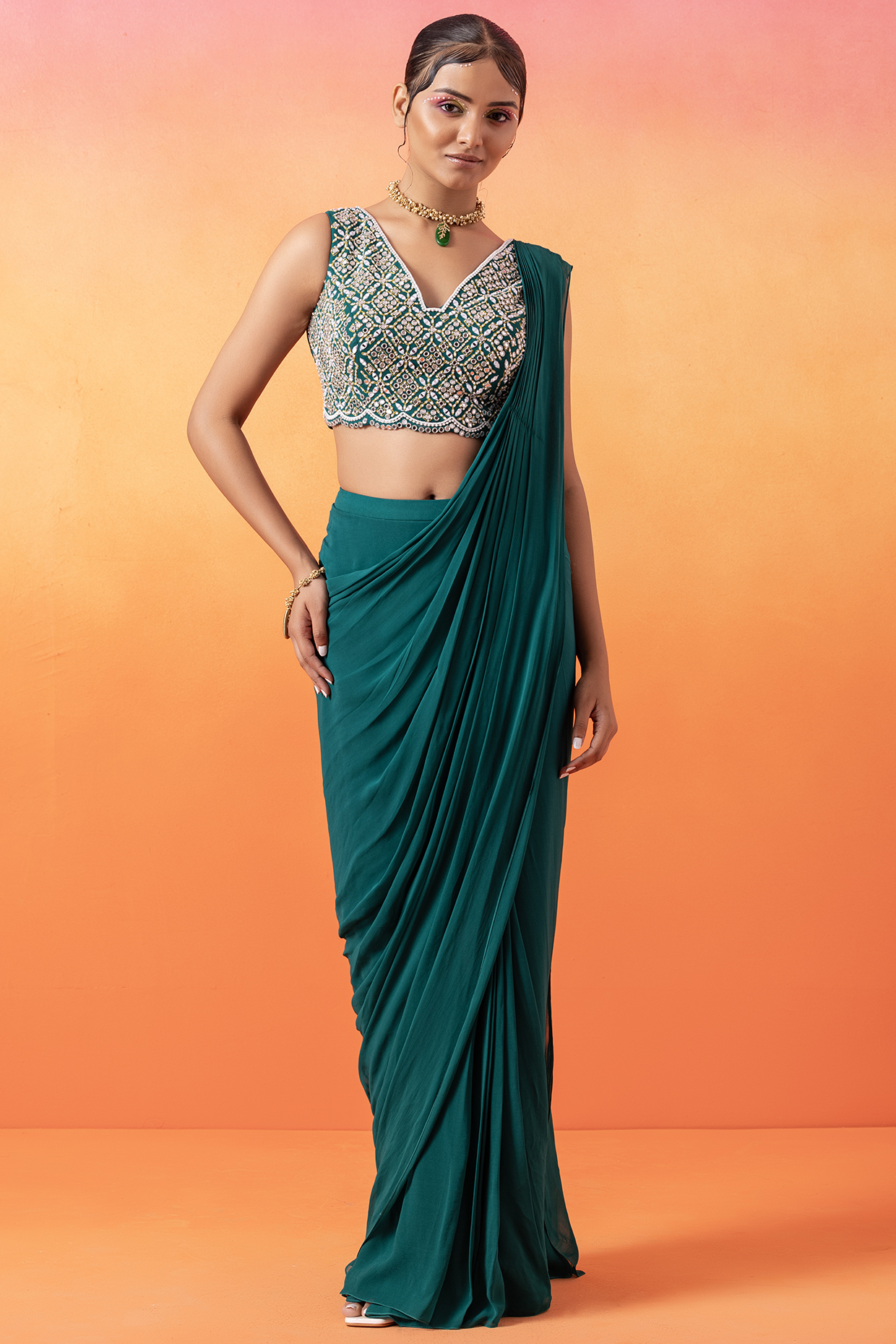 Emerald Green Georgette Pre-Stitched Wedding Saree Set by Seema Thukral at Pernia's Pop Up Shop