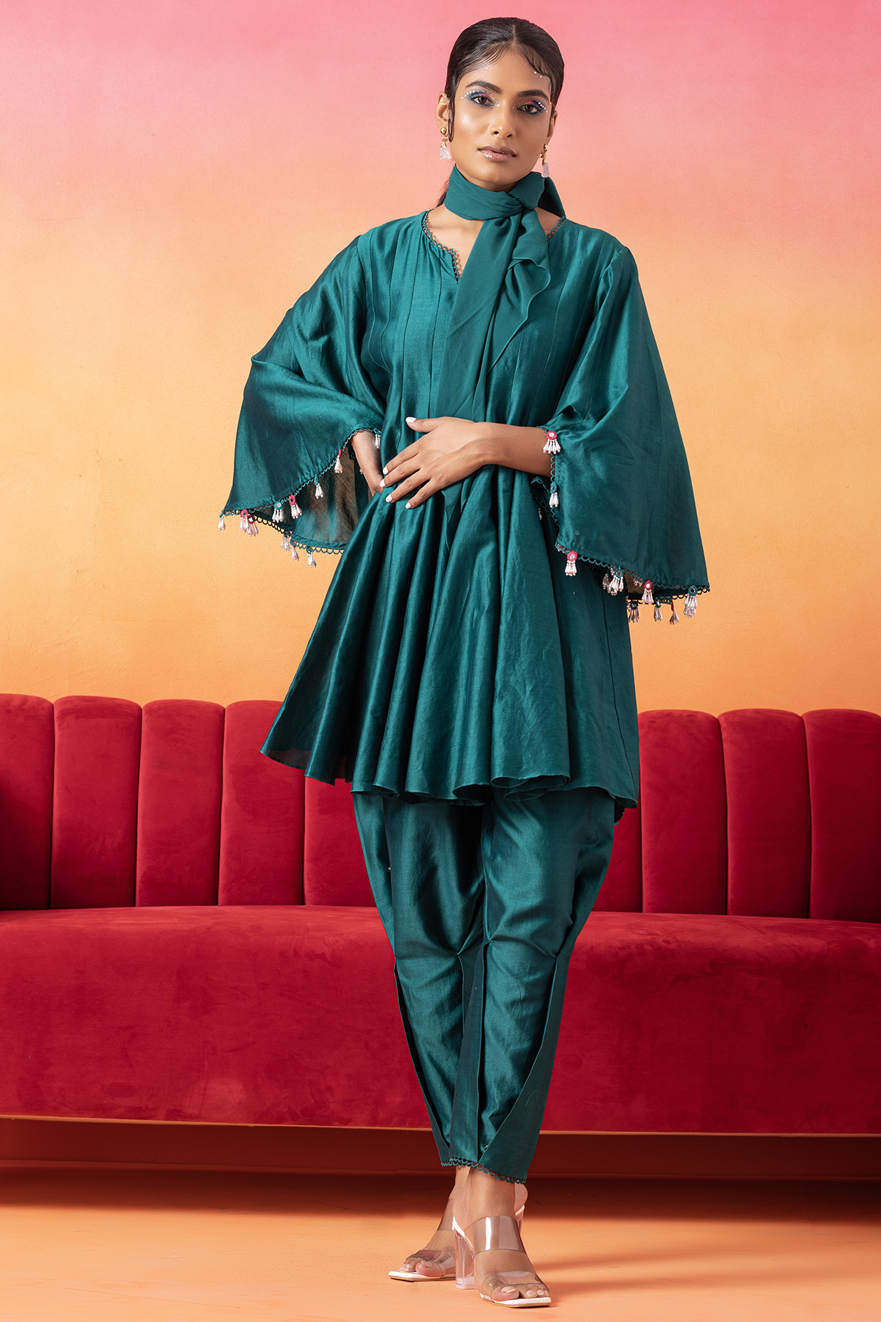 Emerald Green Chanderi Tunic Set by Seema Thukral at Pernia's Pop Up Shop