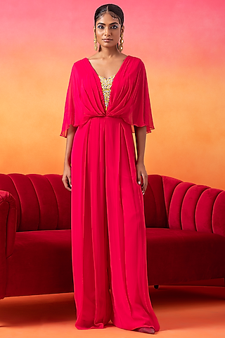 Barbie Pink Georgette Pre-Draped Pleated Jumpsuit by Seema Thukral