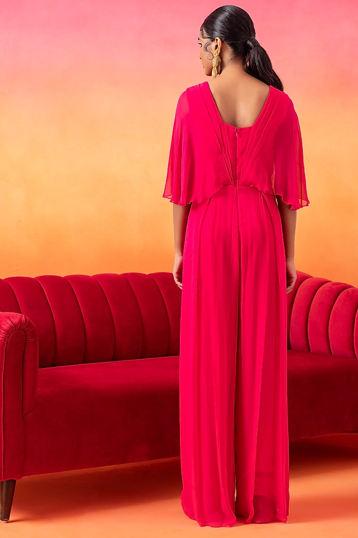 Barbie Pink Georgette Pre-Draped Pleated Jumpsuit by Seema Thukral at Pernia's Pop Up Shop