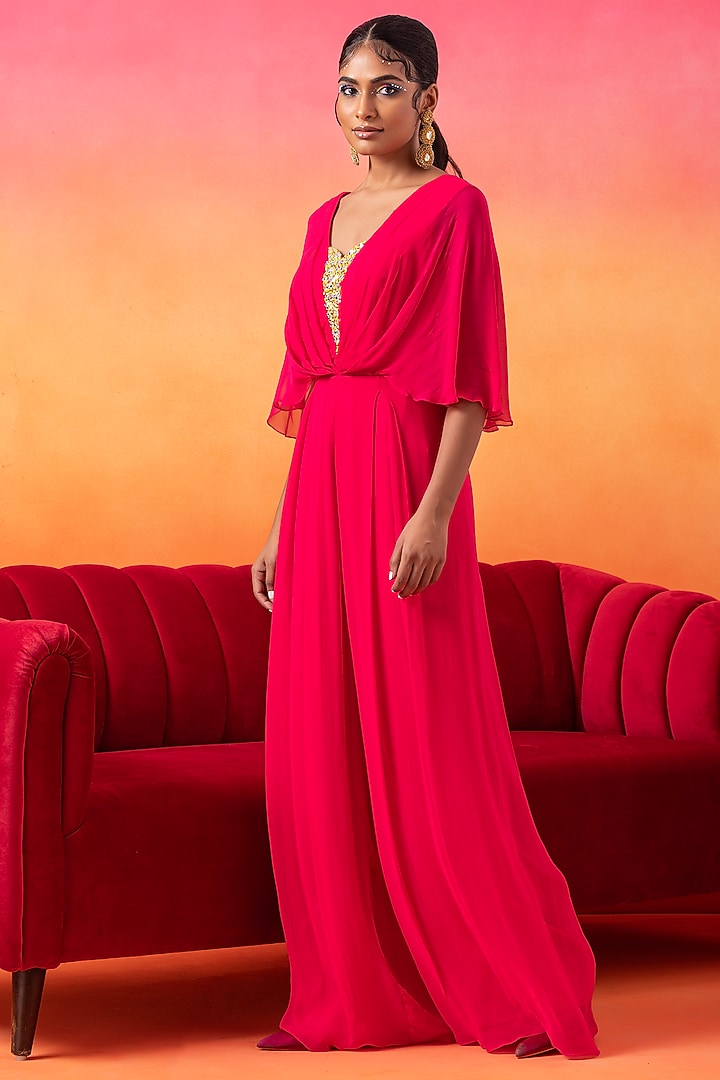 Barbie Pink Georgette Pre-Draped Pleated Jumpsuit by Seema Thukral at Pernia's Pop Up Shop