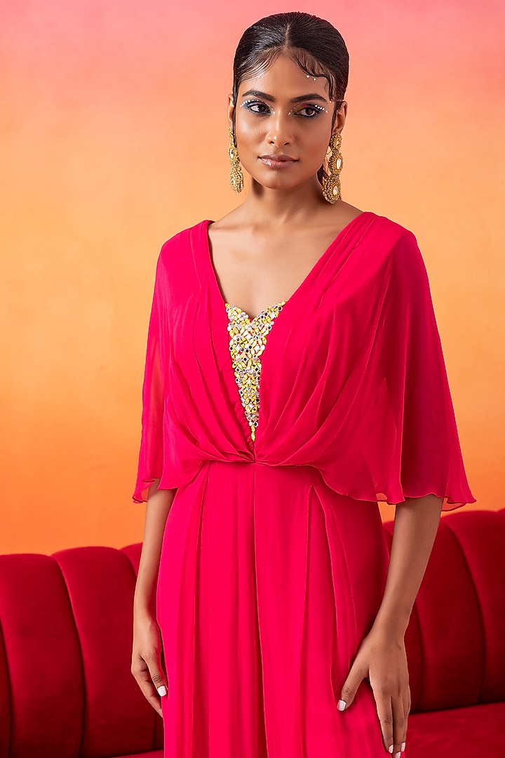 Barbie Pink Georgette Pre-Draped Pleated Jumpsuit by Seema Thukral at Pernia's Pop Up Shop