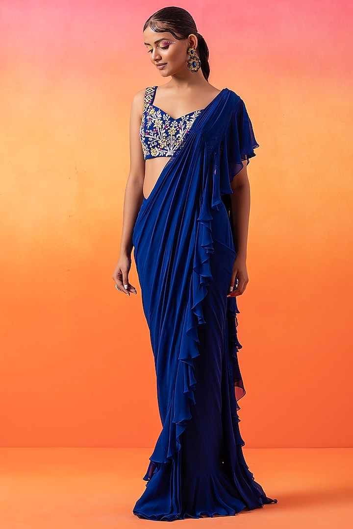 Electric Blue Georgette Pre-Stitched Ruffled Saree Set by Seema Thukral at Pernia's Pop Up Shop