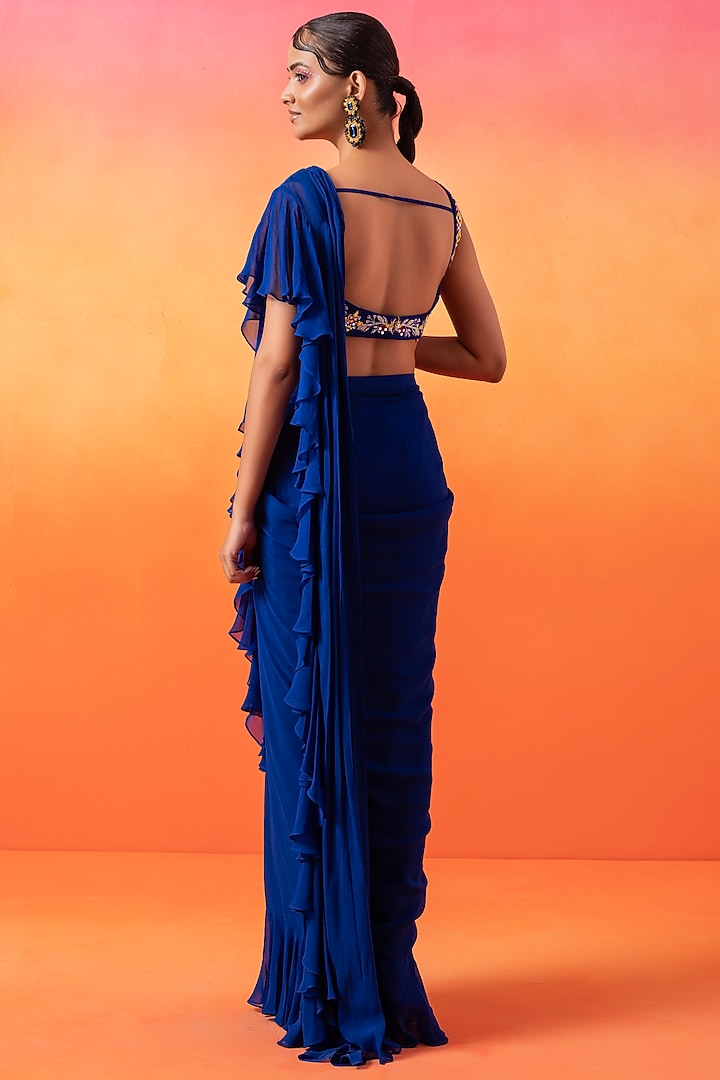 Electric Blue Georgette Pre-Stitched Ruffled Wedding Saree Set by Seema Thukral at Pernia's Pop Up Shop