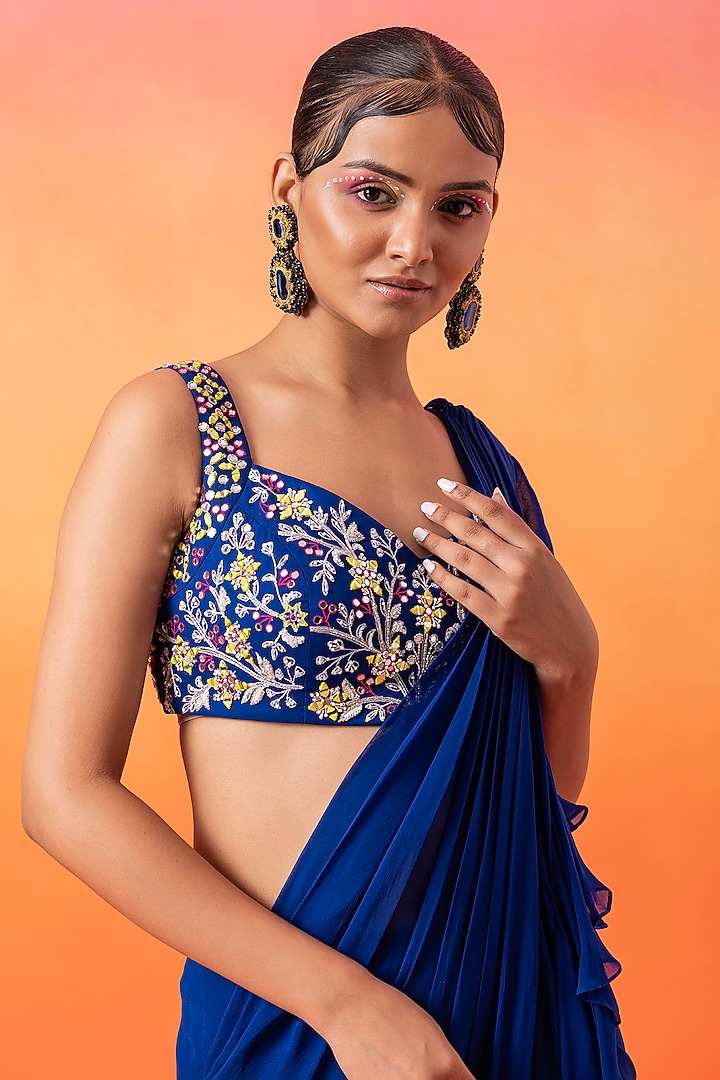 Electric Blue Georgette Pre-Stitched Ruffled Wedding Saree Set by Seema Thukral at Pernia's Pop Up Shop