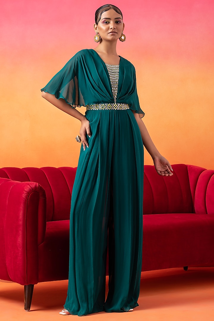 Emerald Green Georgette Pre-Draped Pleated Jumpsuit by Seema Thukral at Pernia's Pop Up Shop