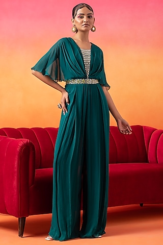 Emerald Green Georgette Pre-Draped Pleated Jumpsuit by Seema Thukral